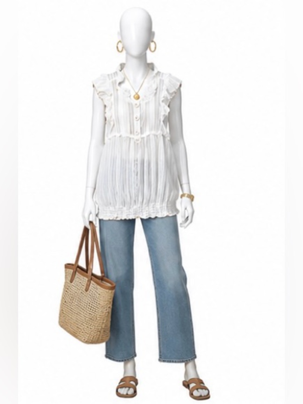 Women's White Ruffle Sleeveless Blouse